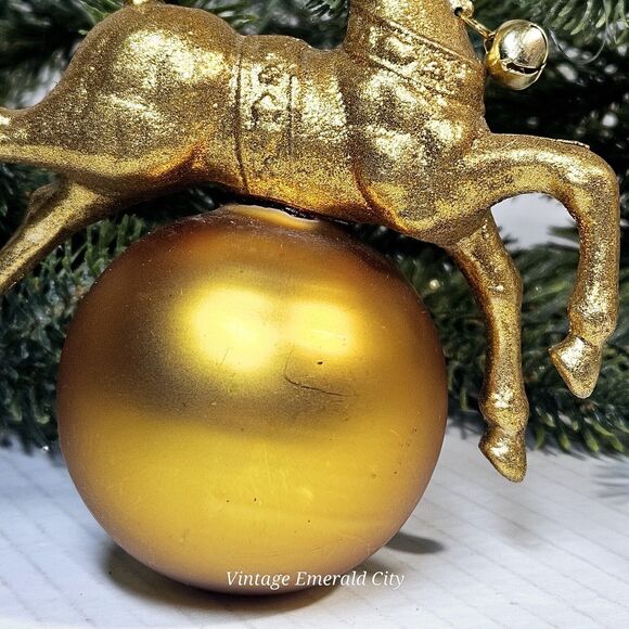 Vintage Golden Ready Reindeer On Glass Ball Christmas Tree Ornament W Bell 3d - Picture 11 of 14